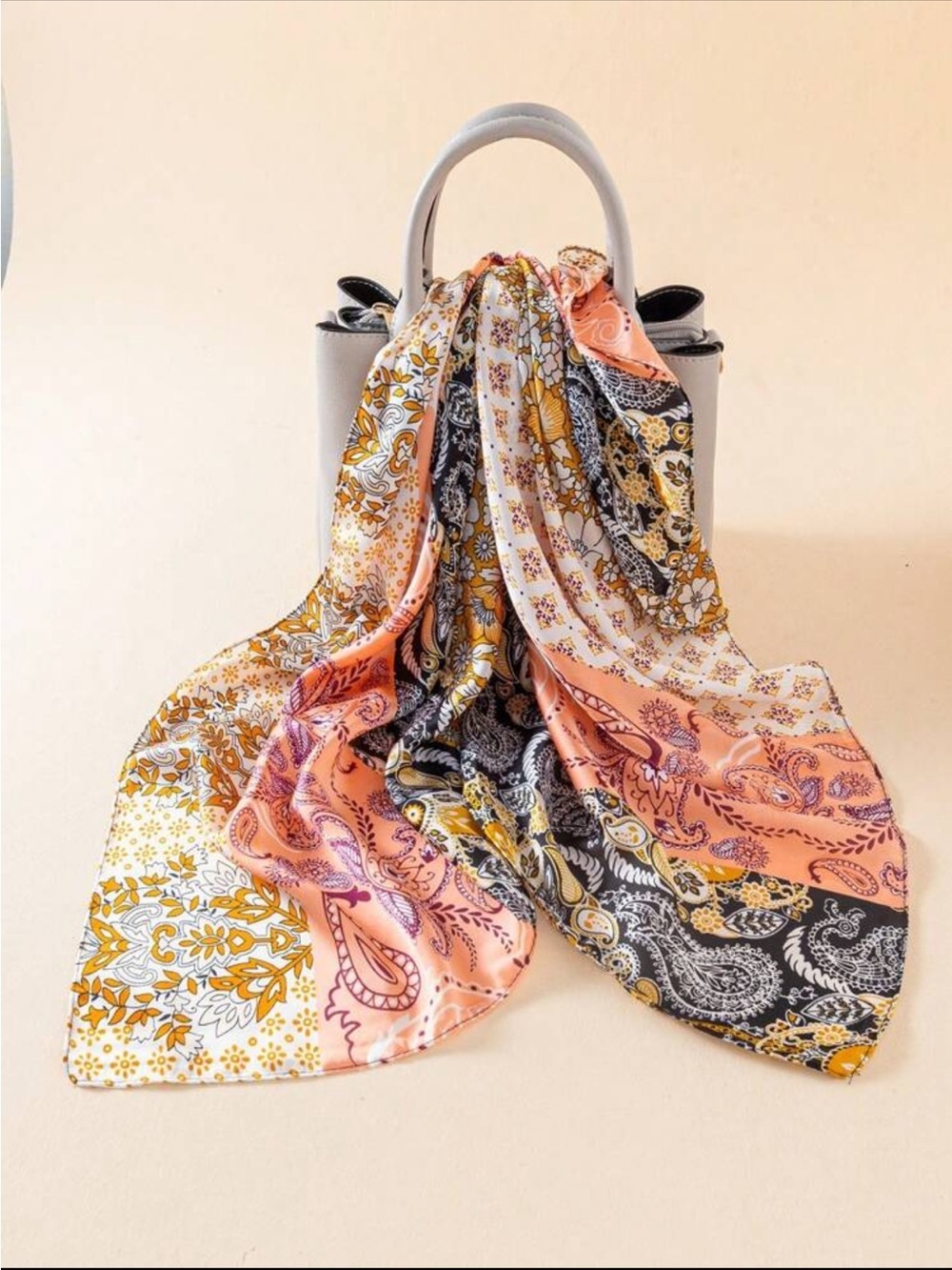 Boho Paisley Silk Square Scarf in Peach, Mustard & Black | Hair/Bag/Pashima - Picture 3 of 3